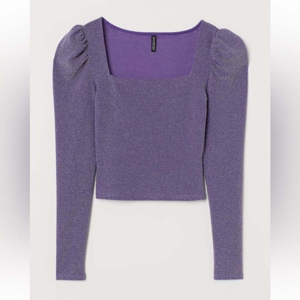 Divided Cropped top Sz. L square neckline long puff sleeves purple fairy